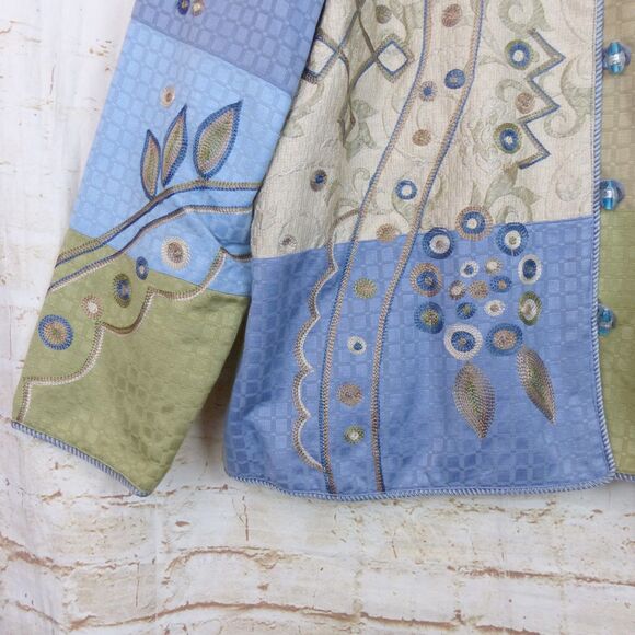 Indigo Moon Jacket Women L Blue Green Patchwork Embroidered Lined VTG Boho Artsy - Picture 8 of 14